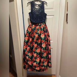 B. Darlin full-length, two piece prom dress; navy blue size 15/16